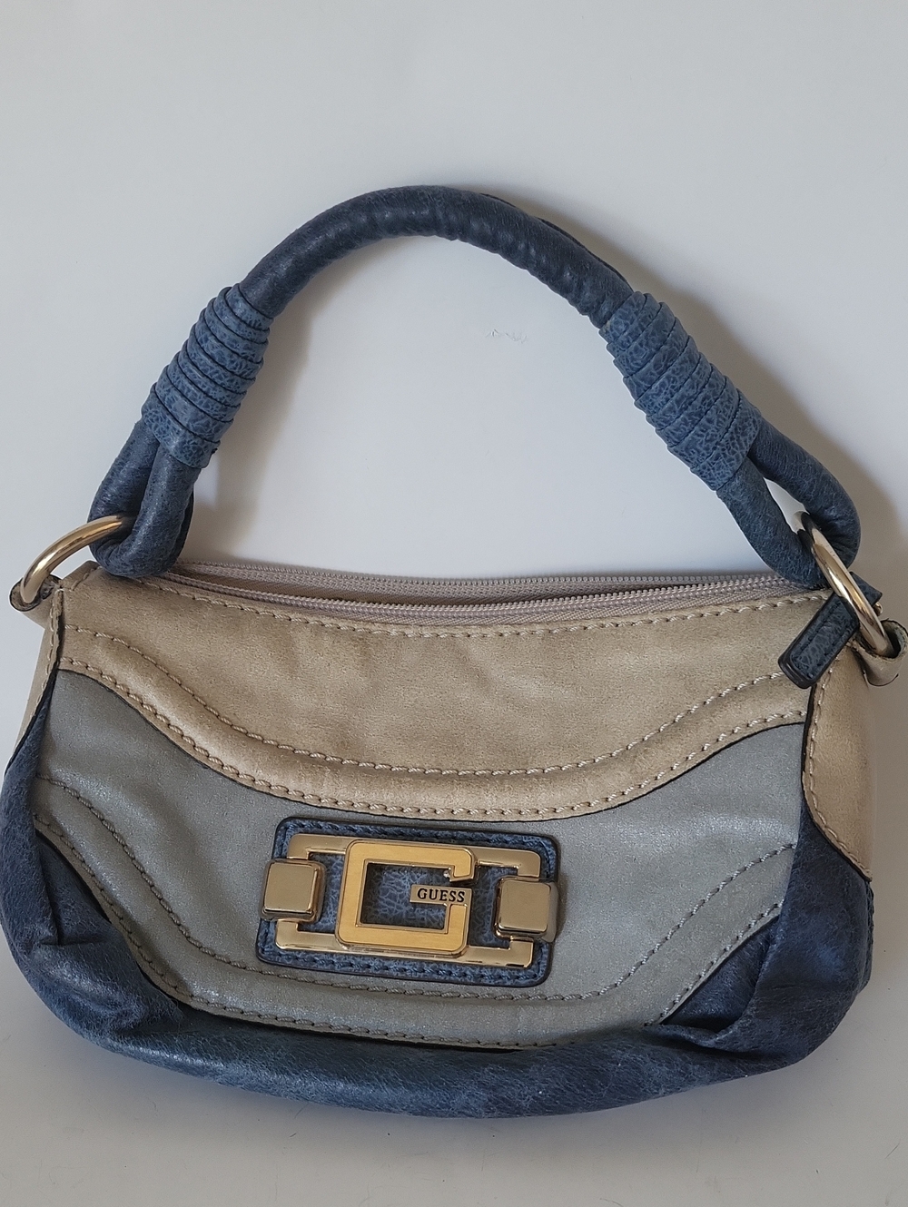 Vintage Y2K GUESS Mini Baguette Shoulder Bag Multi-Tone Earthy Blue Tan